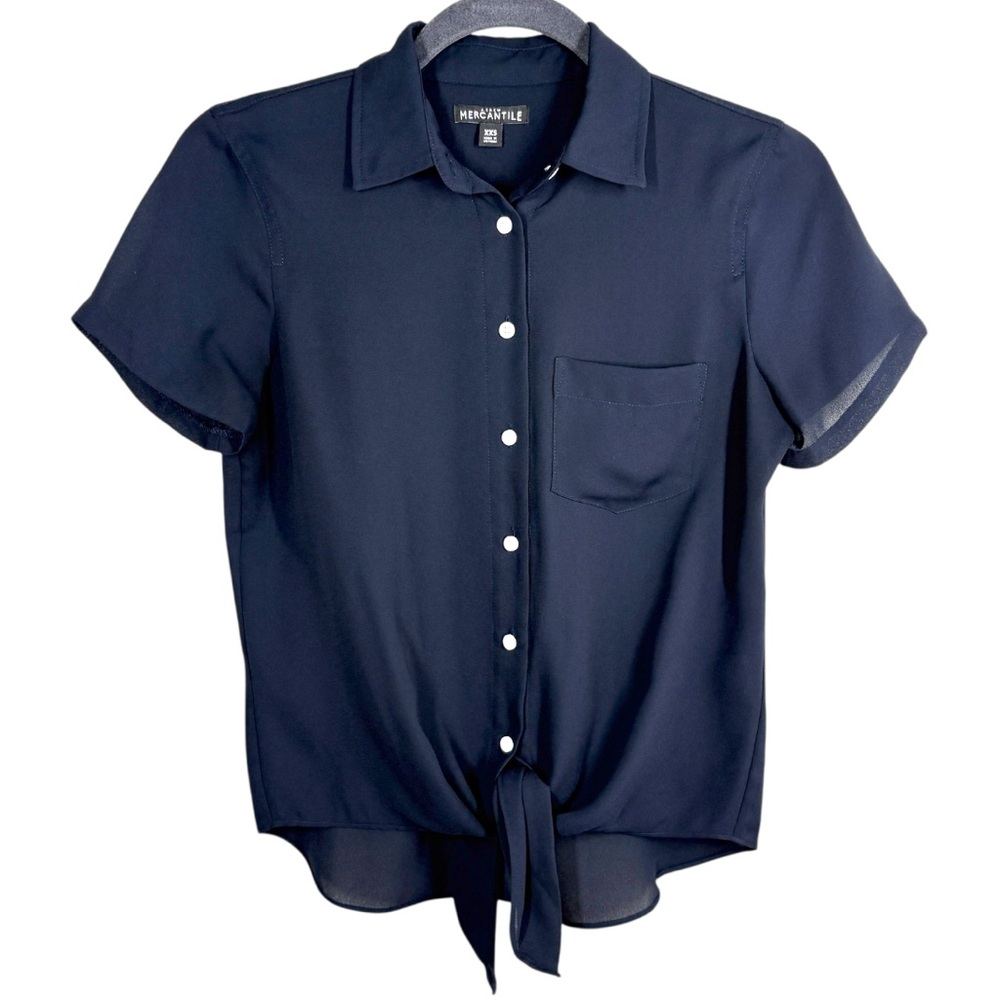 J. Crew Mercantile Front Tie Collared Navy Blue Short Sleeve Top Blouse Size 2XS